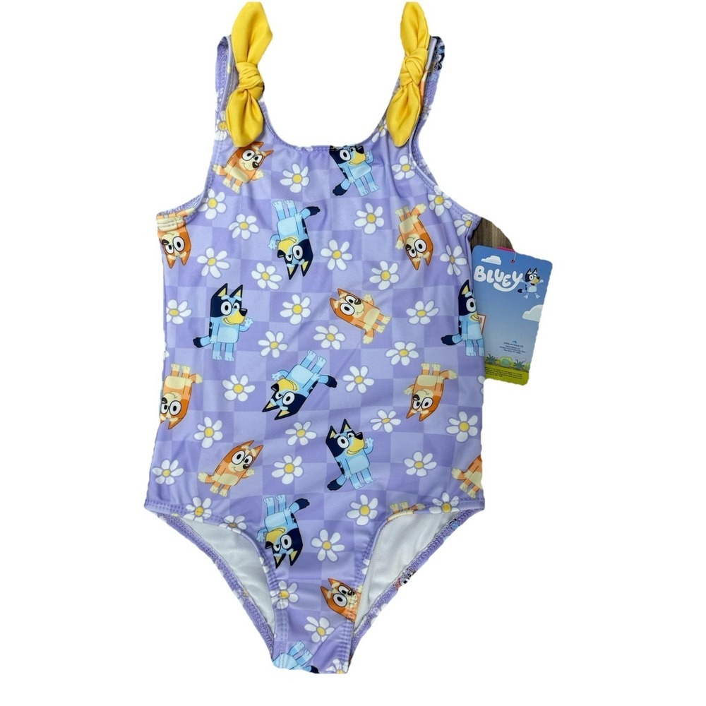 NWT Bluey Girls 5/6  One Piece Swimsuit UPF 50+ Purple Yellow Pool Beach